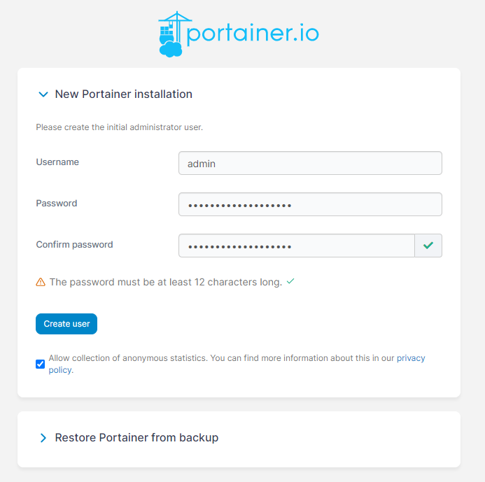 Portainer Account Creation Screen
